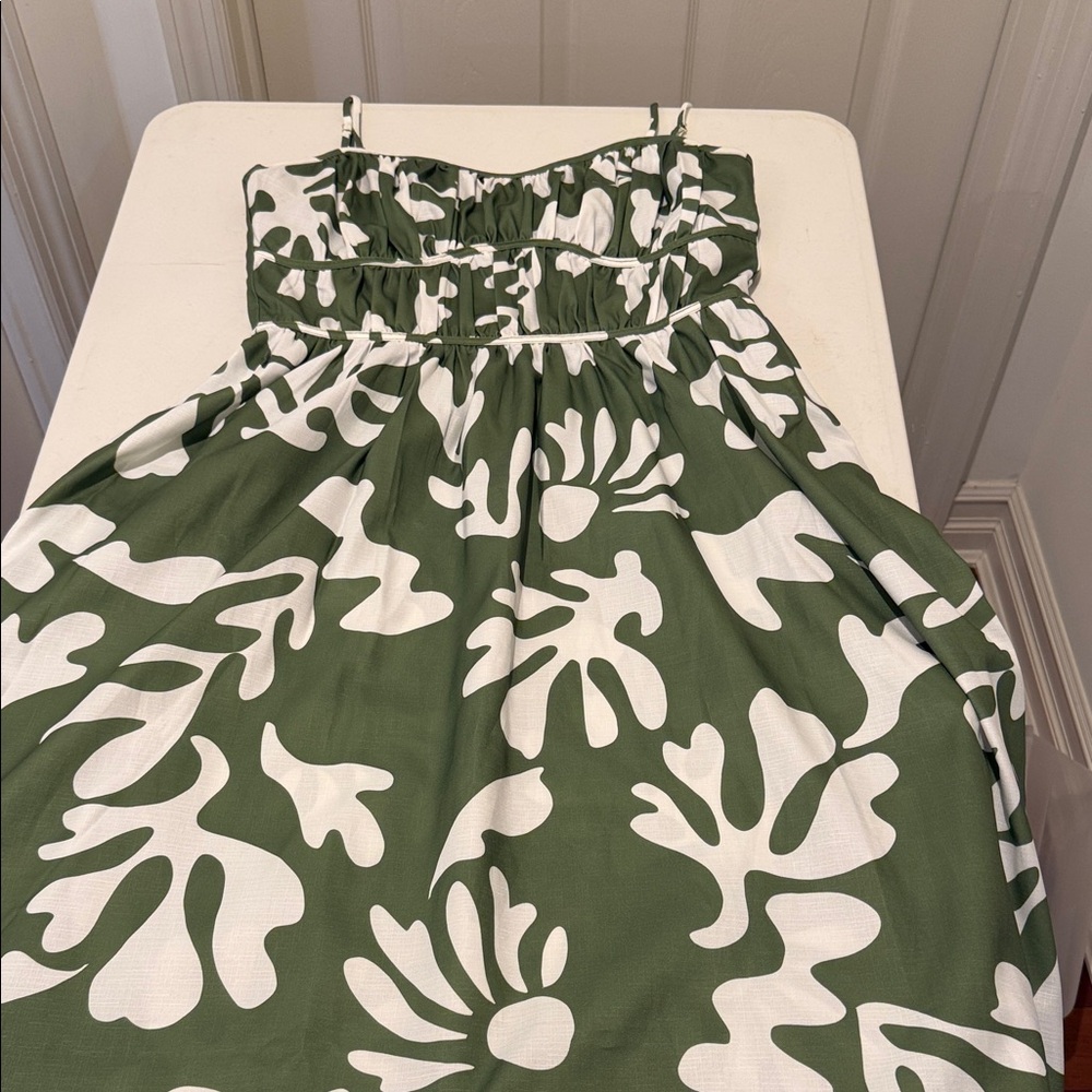 New Green Payton Tropical Print Shirred Bodice Slimming Flowy Beach Midi Large - Picture 12 of 15